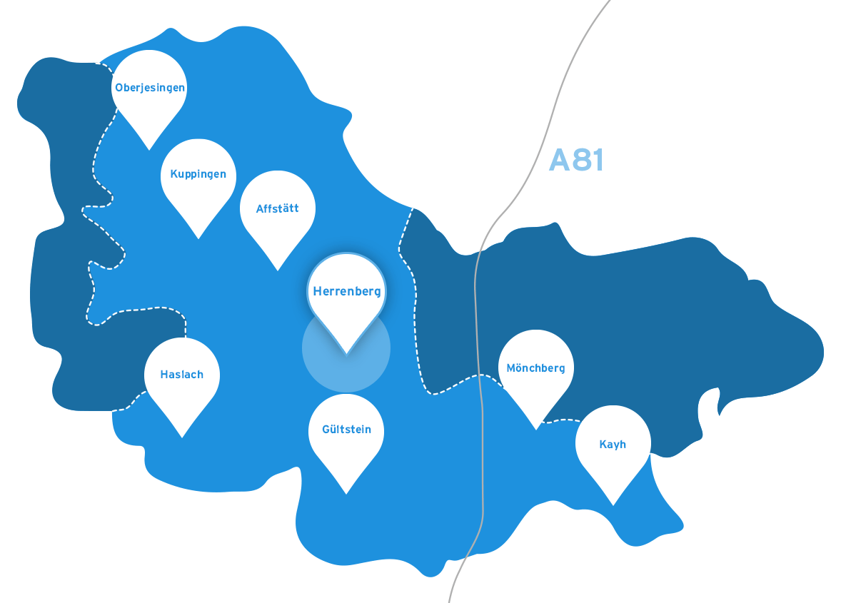 Karte der Region um Herrenberg zur Gültigkeit des Stadttarifs mit Markierung der Städte